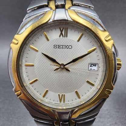 Seiko Watch Men 37mm White Dial Two Tone Date Round READ!!!!! New Batt 7N426C101