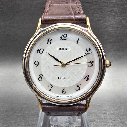 Seiko Dolce Watch Men 33mm MOP Dial Two Tone Round 5E31-6D60 New Battery0