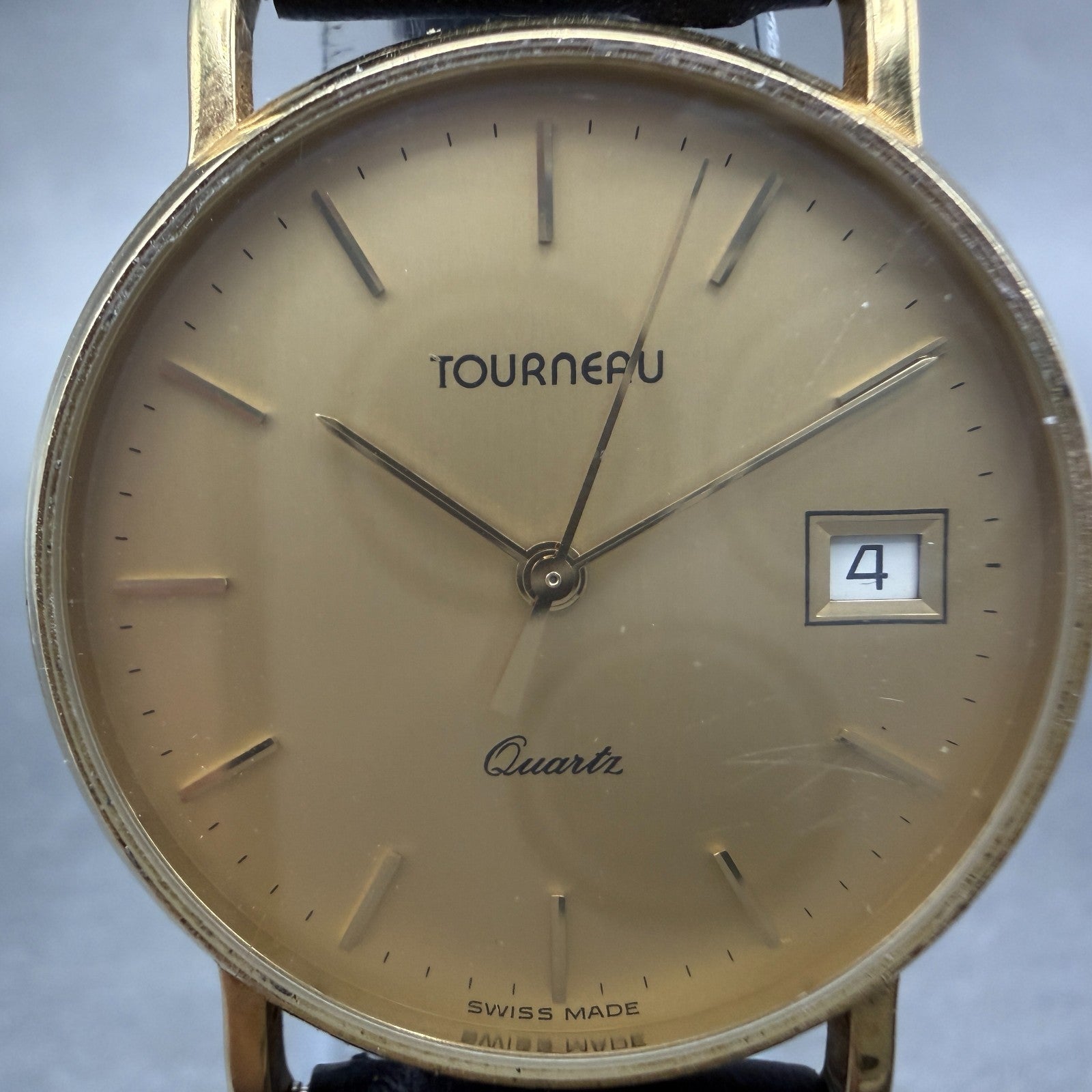 Tourneau Watch men 31mm Gold Dial Gold Tone Date Round 631051 New Battery1