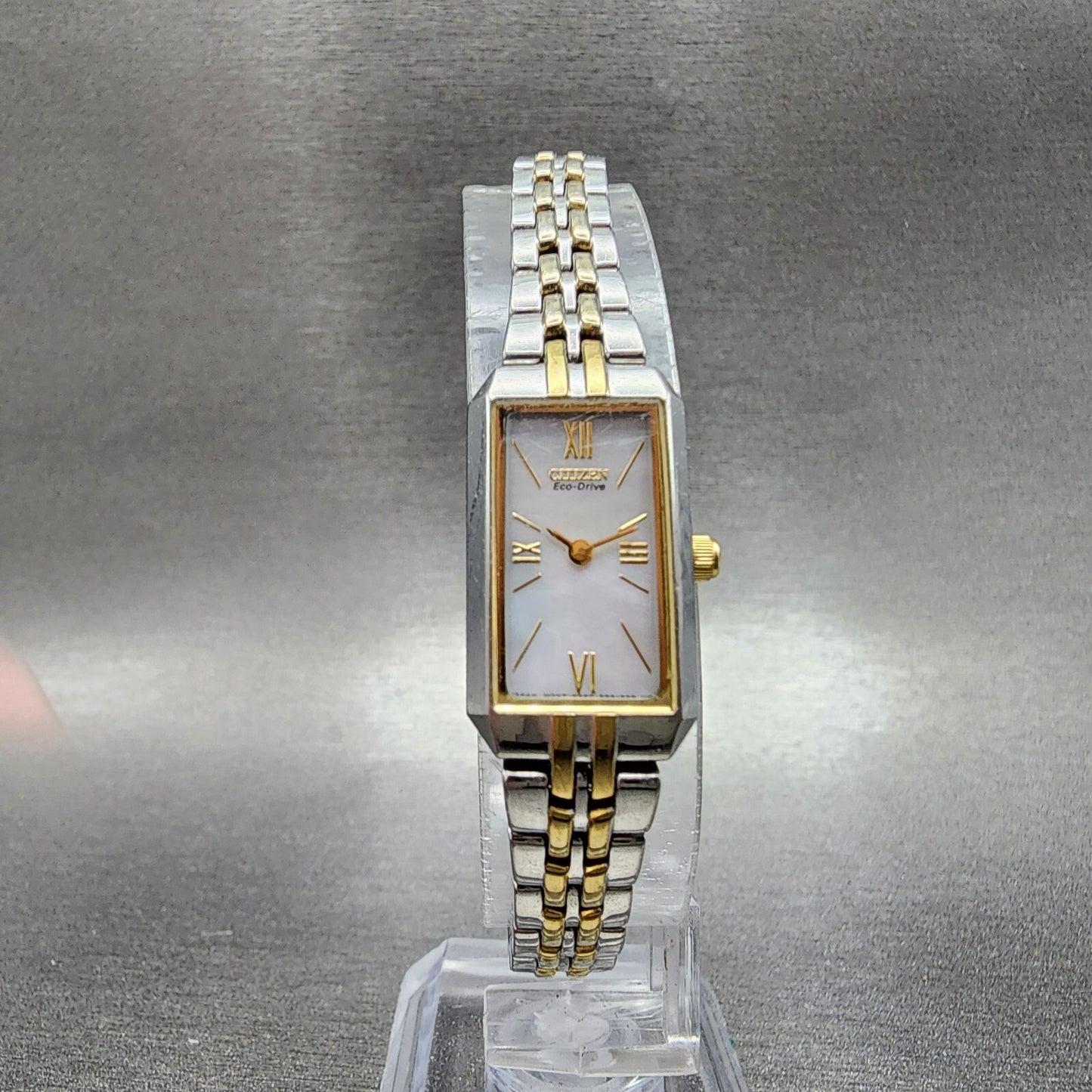 Citizen EcoDrive Tank Watch Women 15mm MOP Dial Two Tone Rectangle Runs5