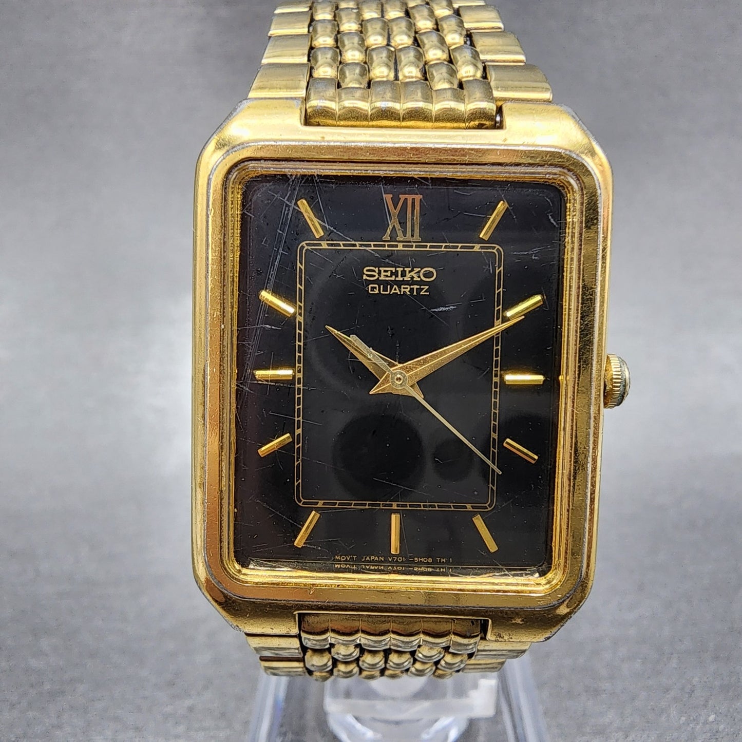 Seiko Tank Watch Men 26mm Black Dial Gold Tone V7015jo9 New Battery0