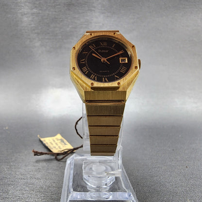 Pulsar Watch Women 24mm Black Dial Gold Tone Date Round Y6420030 New Batt NOS7