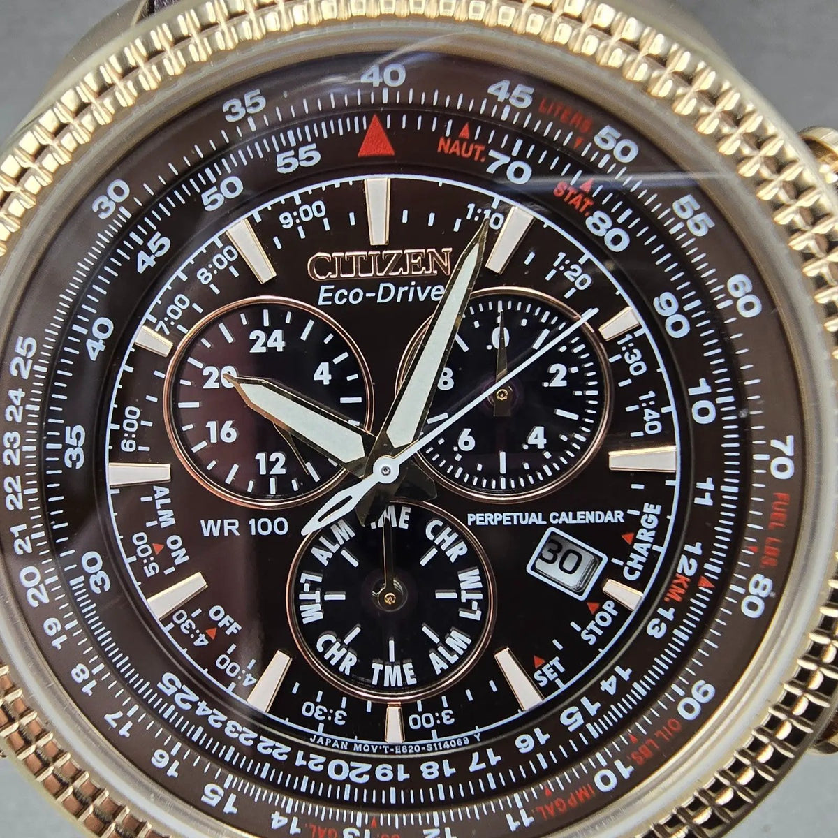 Citizen Eco-Drive Brycen Watch Men 48mm Brown Dial Rose Gold Chrono BL5403-03X1