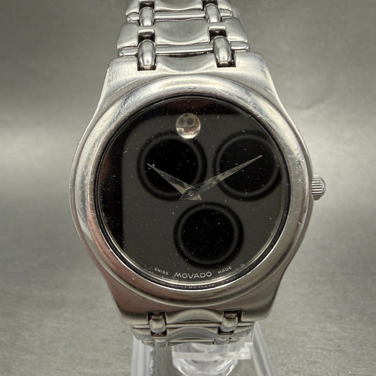 Movado Museum Watch Men 33mm Black Dial Silver Tone Round 84.e4.9872 New Battery0