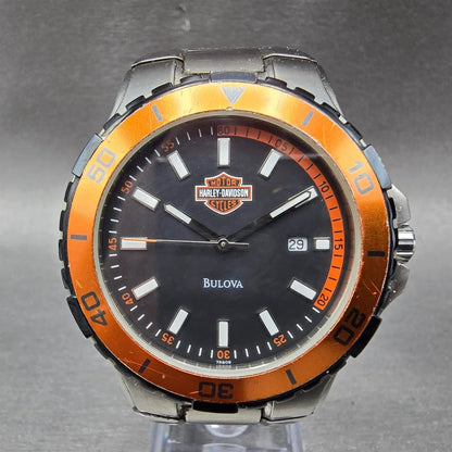 Bulova Harley Davidson Watch Men 42mm Black Dial Silver Tone Date 78B09 New Batt0