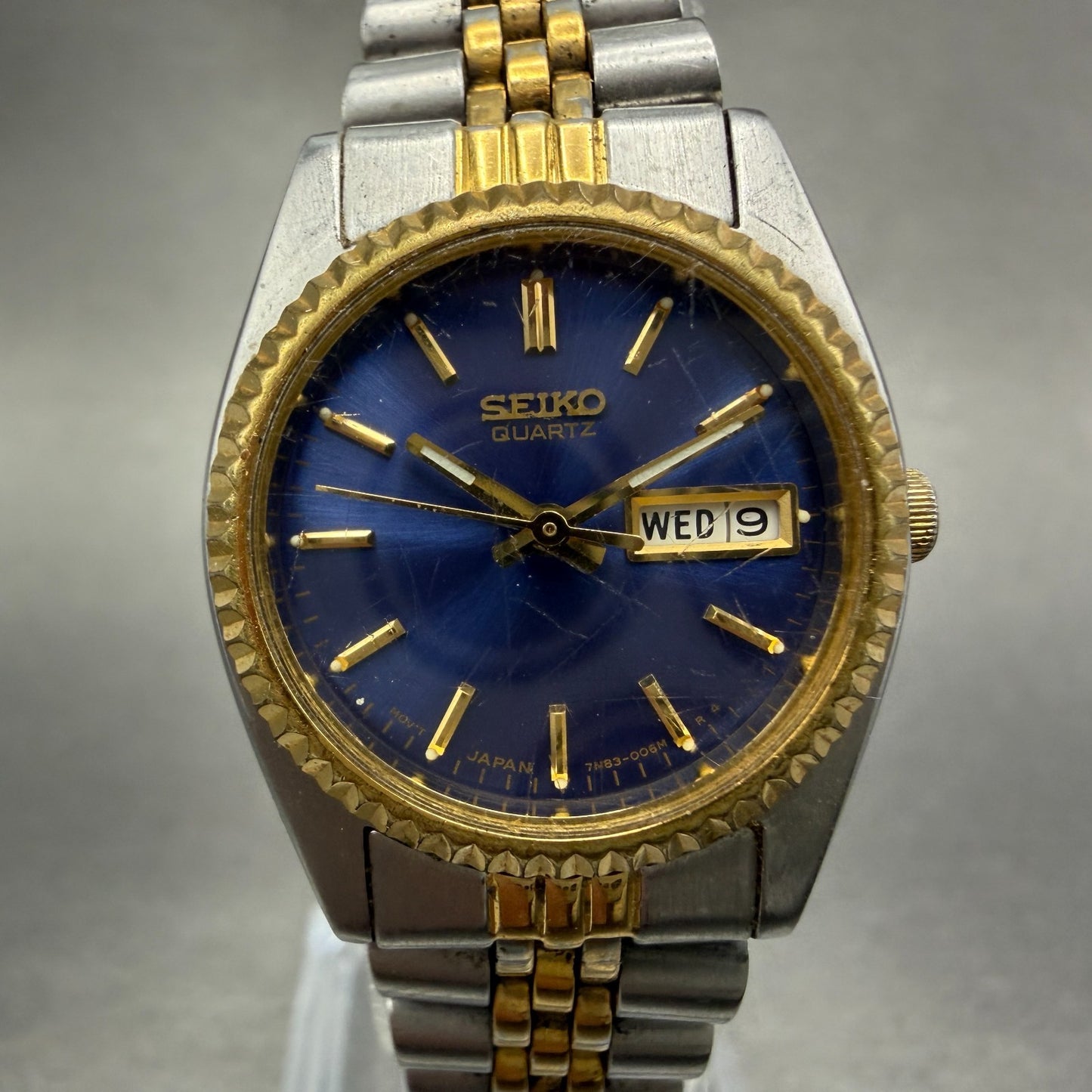 Seiko Watch Women 24mm Blue Dial Two Tone Daydate Round 7N83-0041 New Batt FR40