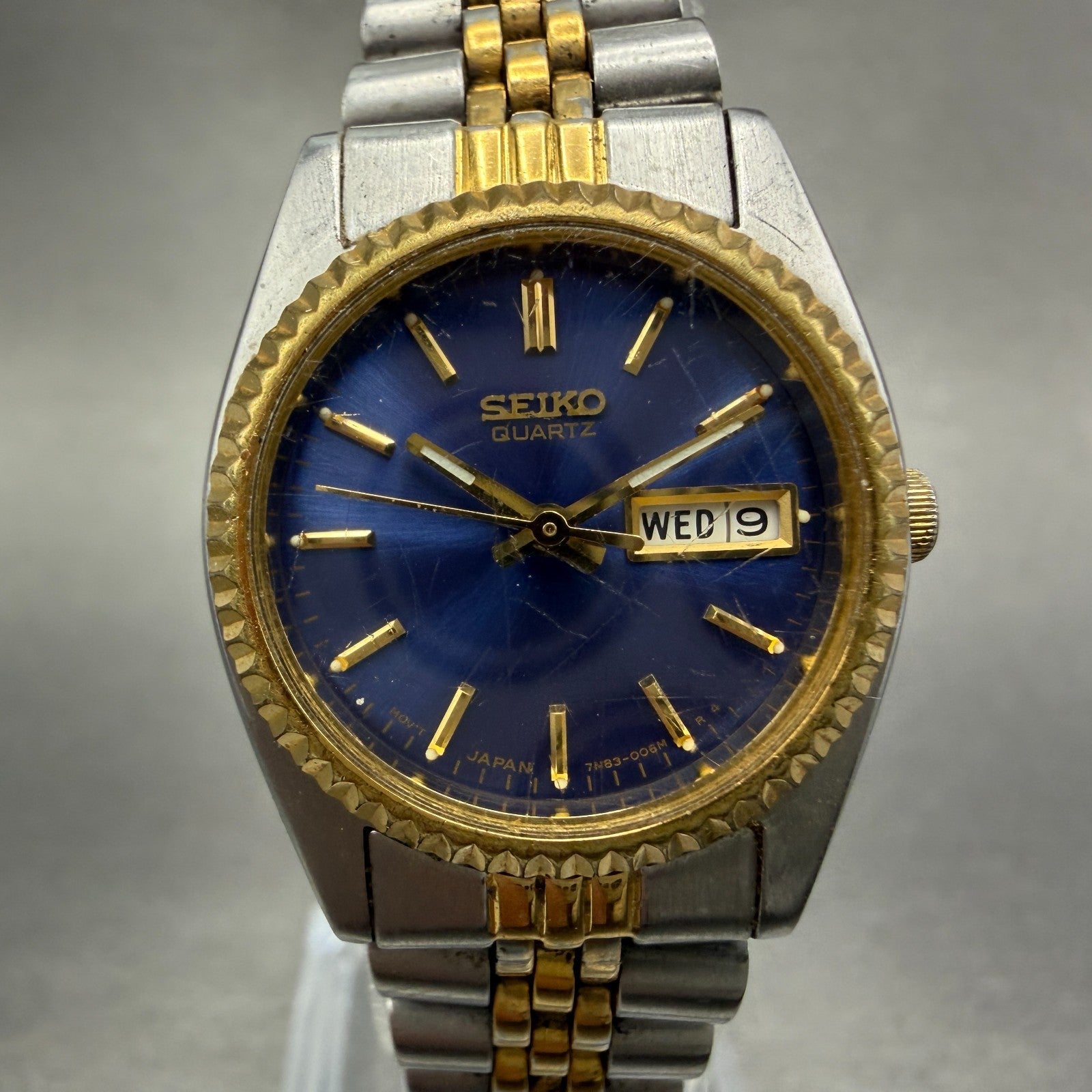 Seiko Watch Women 24mm Blue Dial Two Tone Daydate Round 7N83-0041 New Batt FR40