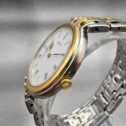 Seiko Watch Men 34mm White Dial Two Tone Date Round 7N39-7029 New Battery VTG2