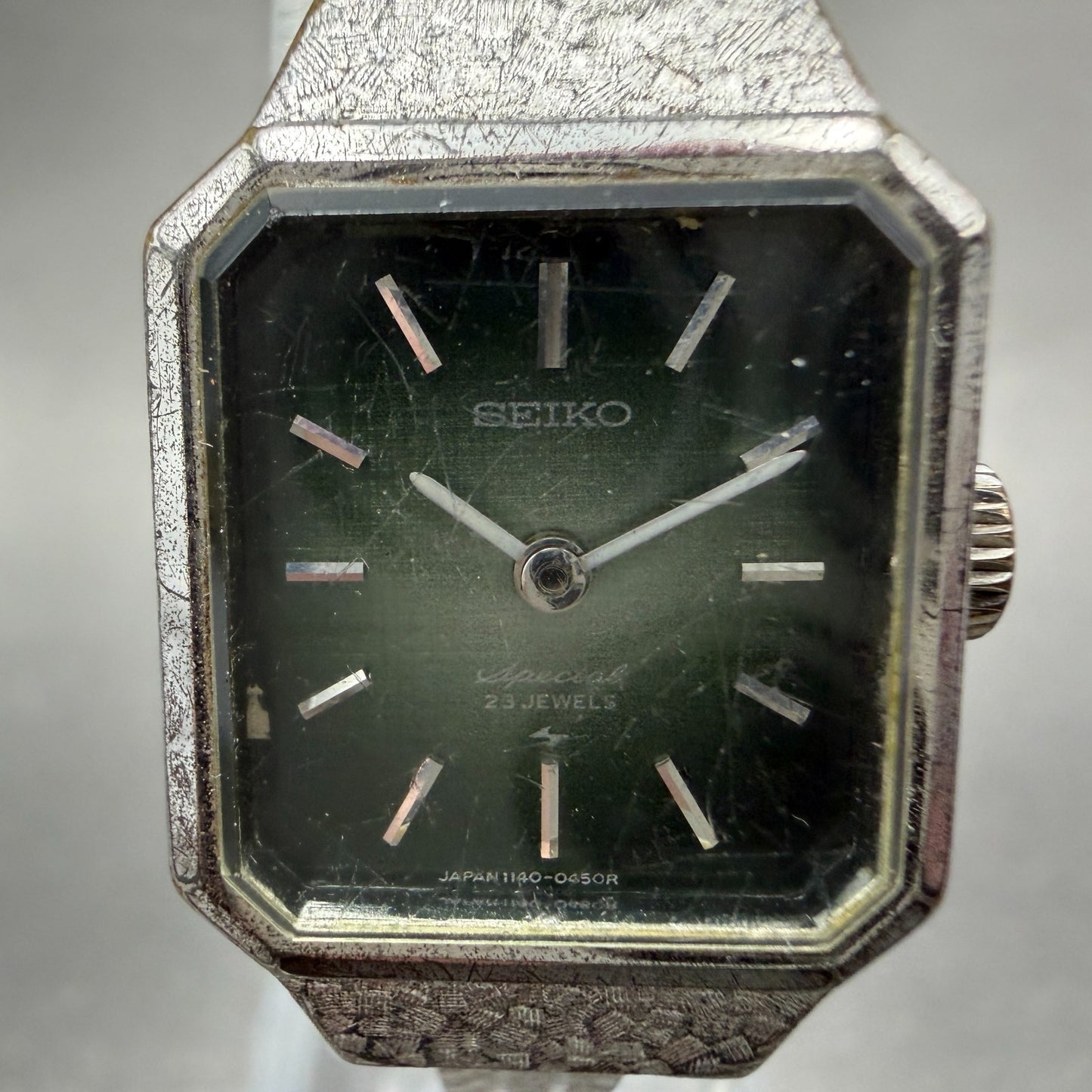 Seiko Special Tank Watch Women 18mm Green Dial Silver Tone Manual 1140-3170 Runs1