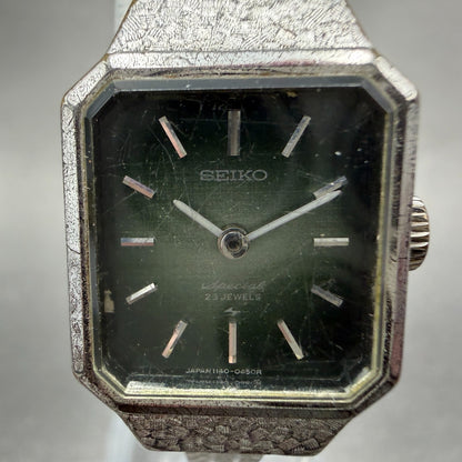 Seiko Special Tank Watch Women 18mm Green Dial Silver Tone Manual 1140-3170 Runs1