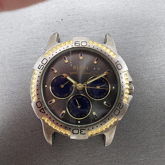 Elgin Watch Men 40mm Gray Dial Two Tone Daydate Round 6P29 FS701 New Battery