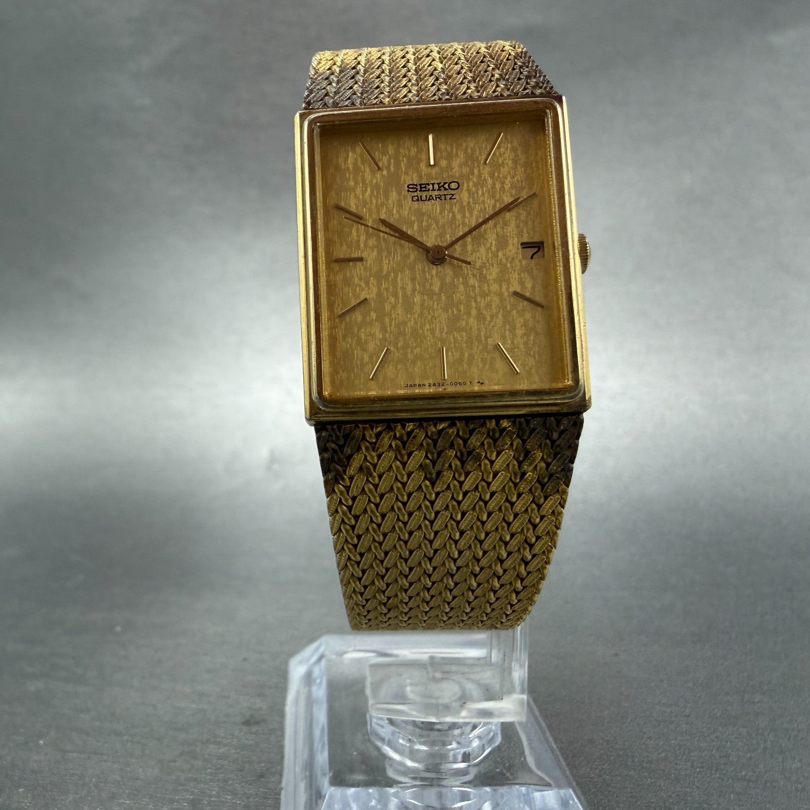 Seiko Tank Watch Men 24mm Gold Dial Gold Tone Rectangle Date 2A32-5019 PARTS VTG6