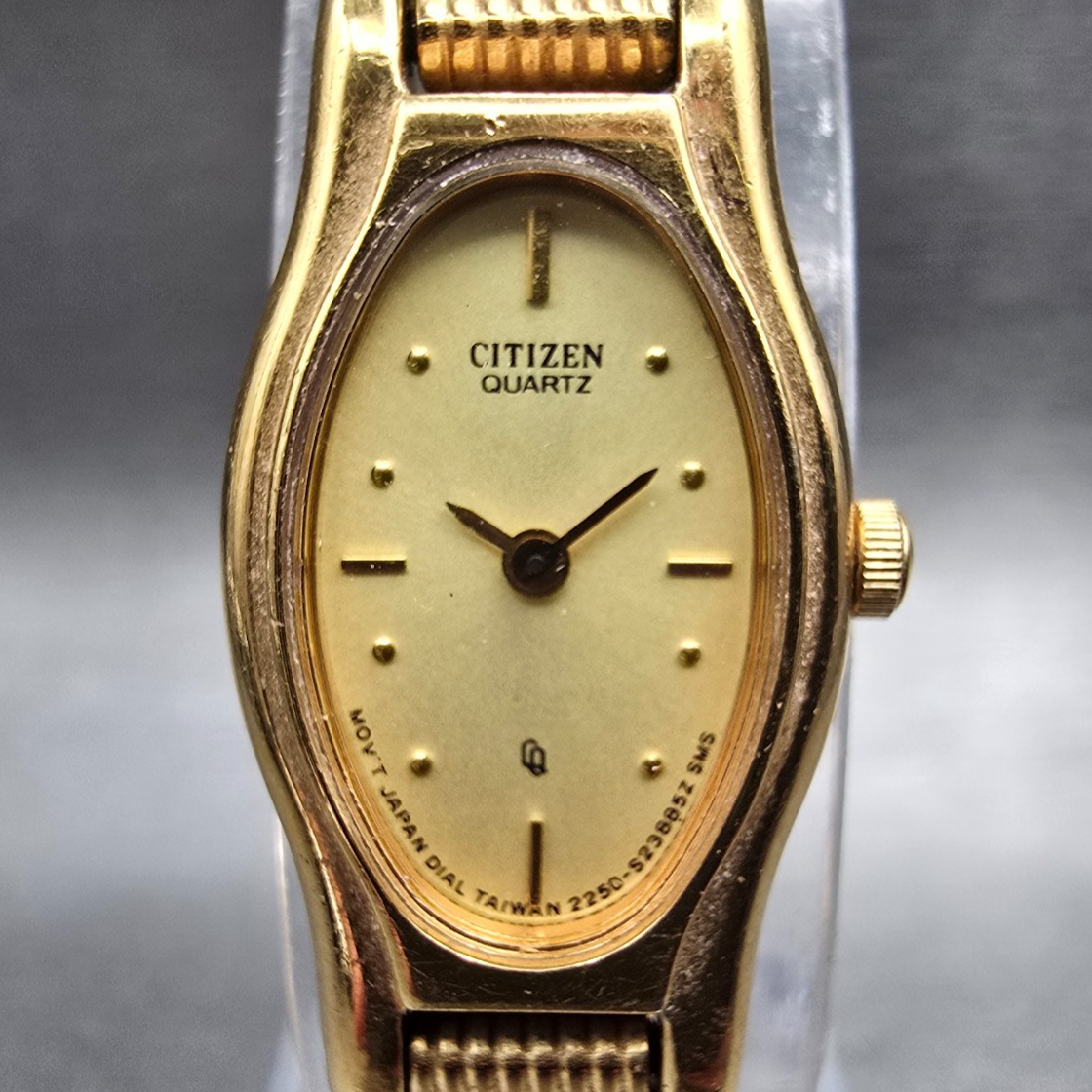 Citizen CQ Watch Women 15mm Champagne Dial Gold Tone 2250-S60805 New Battery JP21