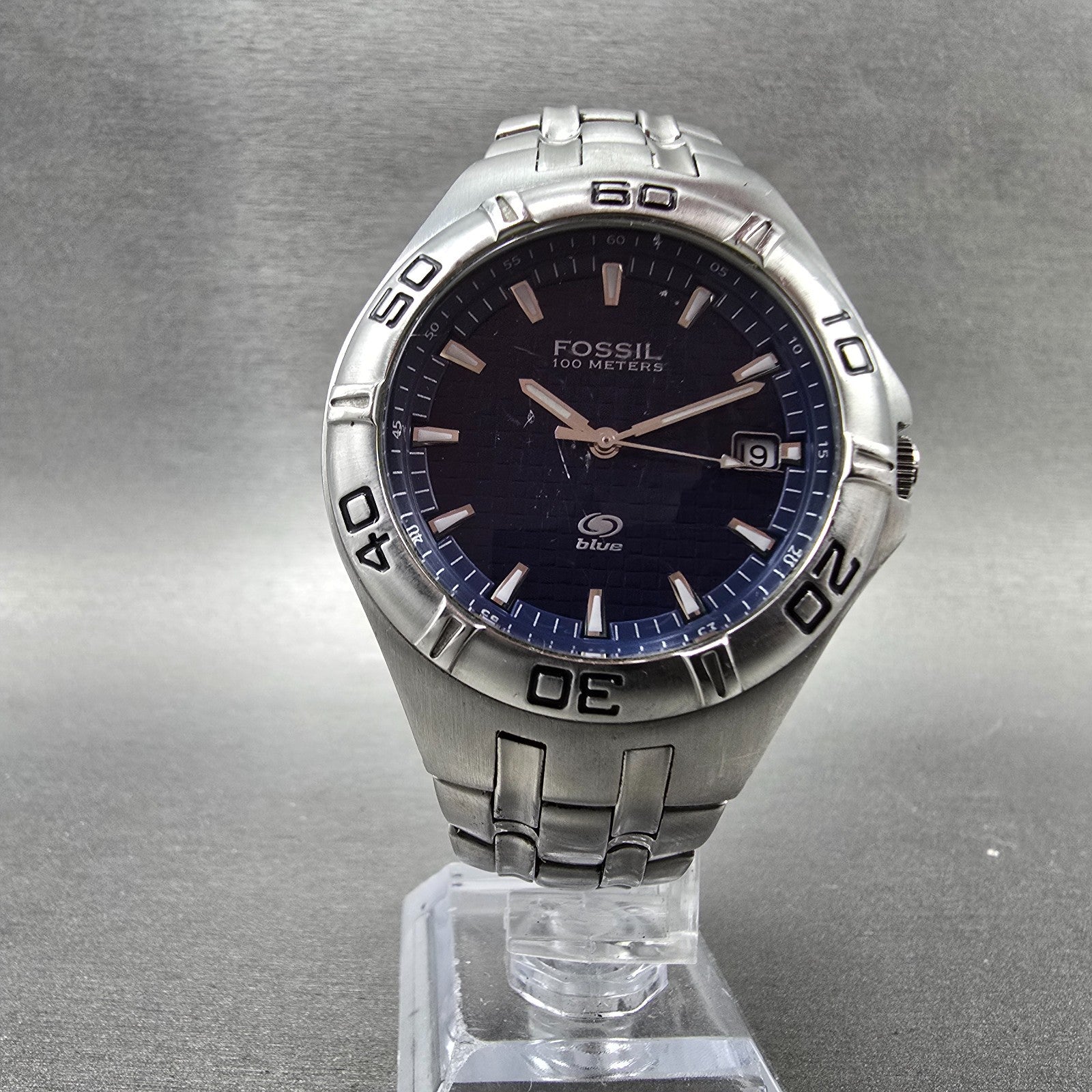 Fossil Blue Dive Watch Men 40mm Blue Dial Silver Tone Date AM-3685 New Battery5