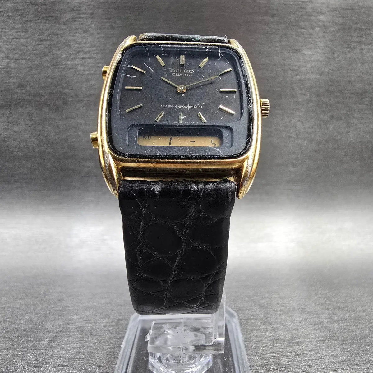 Seiko Watch Men 30mm Black Dial Gold Chronograph Alarm H448-5029 New Battery VTG5