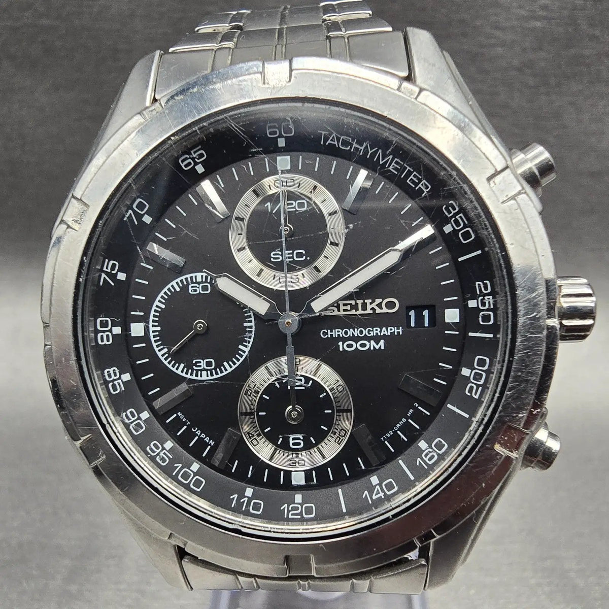 Seiko Chronograph Watch Men 42mm Black Dial Silver Tone Date 7T92-0LR0 New Batt1