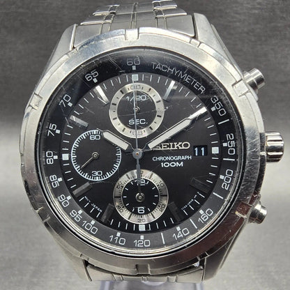 Seiko Chronograph Watch Men 42mm Black Dial Silver Tone Date 7T92-0LR0 New Batt1