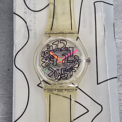 Swatch Scribble Watch Men 34mm Skeleton Dial Clear Case GZ124 New Battery NOS0