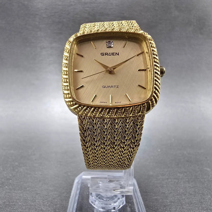 Gruen Tank Watch Men 30mm Gold Dial Gold Tone Rectangle New Battery VTG5