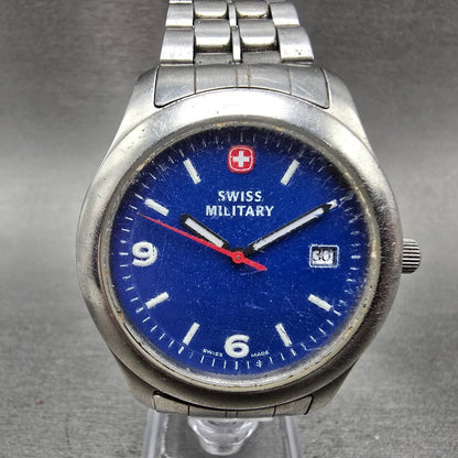 Wenger Swiss Military Watch Men 39mm Blue Dial Silver Tone Date 095.1535 New Bat0