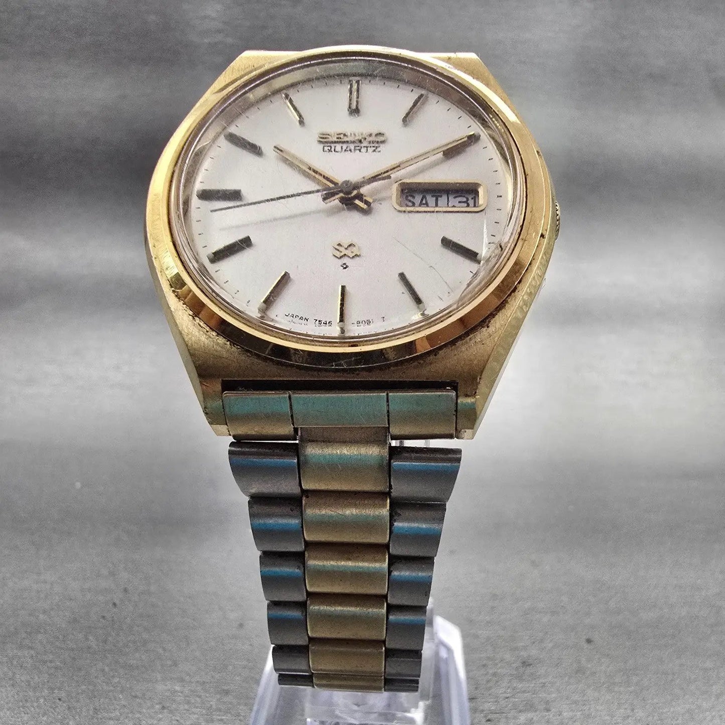 Seiko SQ Watch Men 37mm Silver Dial Two Tone Daydate Round 7546-8049 New Batt5