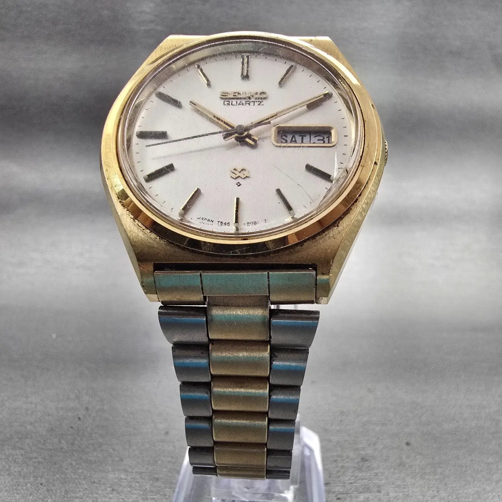 Seiko SQ Watch Men 37mm Silver Dial Two Tone Daydate Round 7546-8049 New Batt5
