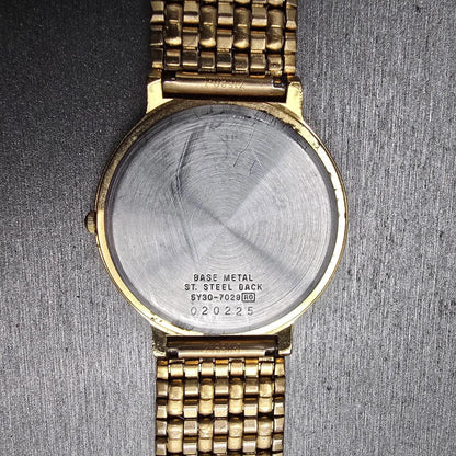 Seiko Watch Men 33mm Black Dial Gold Tone Round 5Y30-7029 New Battery Vintage10