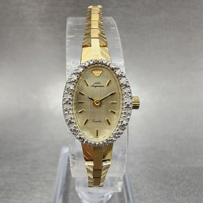 Jules Jurgenson Watch Women 15mm Gold Dial Gold Tone Oval Gem Set Bezel Runs0