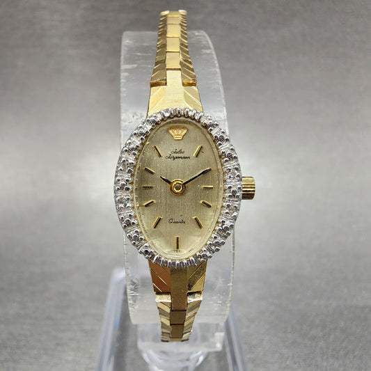 Jules Jurgenson Watch Women 15mm Gold Dial Gold Tone Oval Gem Set Bezel Runs0