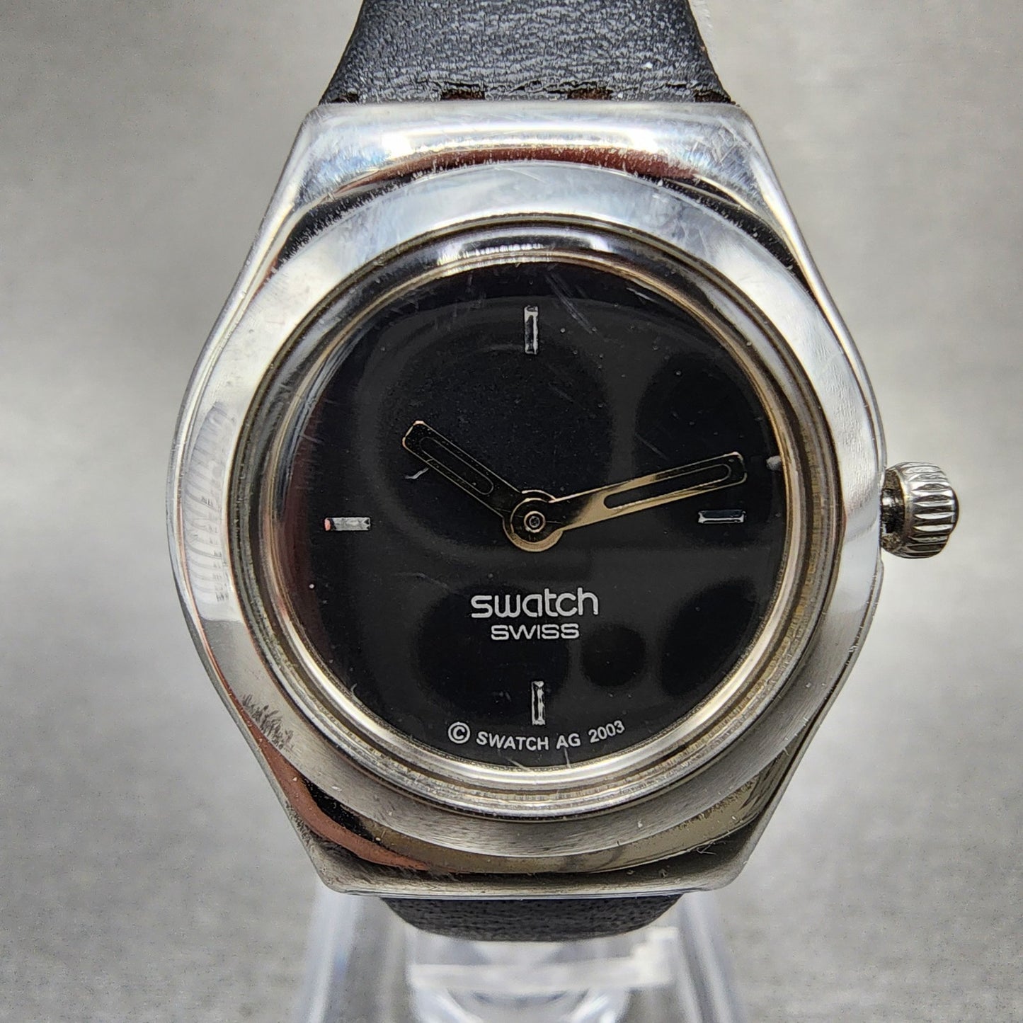 Swatch Irony Watch Women 25mm Black Dial Silver Tone Round New Battery Leather1