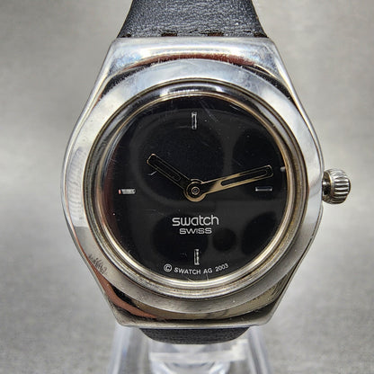 Swatch Irony Watch Women 25mm Black Dial Silver Tone Round New Battery Leather1