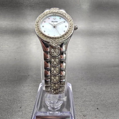 Bulova Watch Women 22mm MOP Dial Silver Tone Gemmed Round 96T14 New Battery5