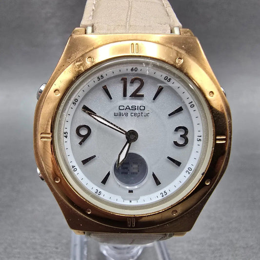 Casio Wave Ceptor Watch Women 35mm White Dial Rose Gold Alarm Chronograph Works0