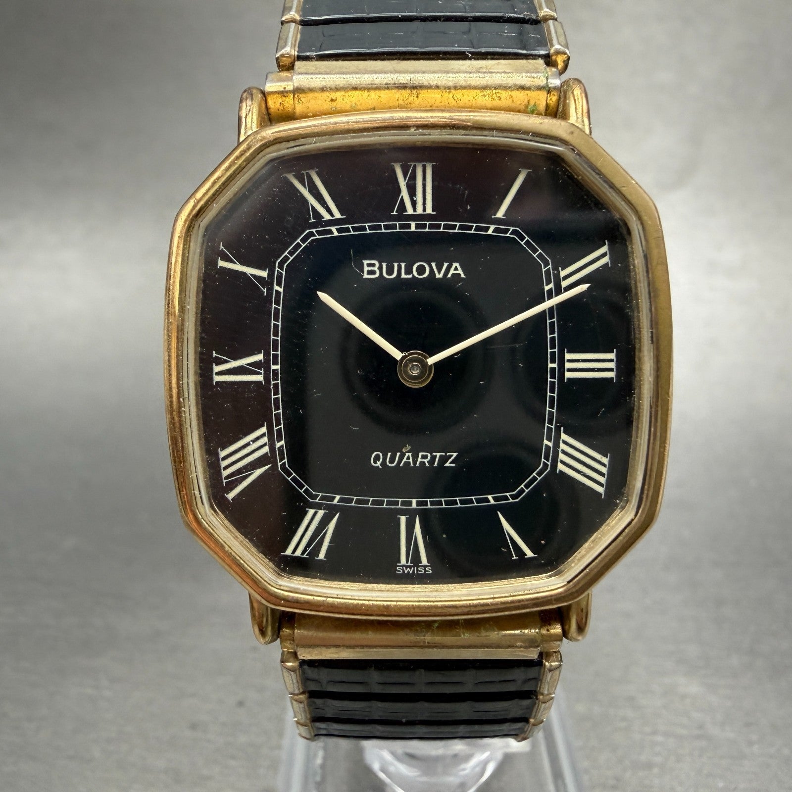 Bulova Watch Men 30mm Black Dial Gold Tone Octagon Swiss P0 New battery0