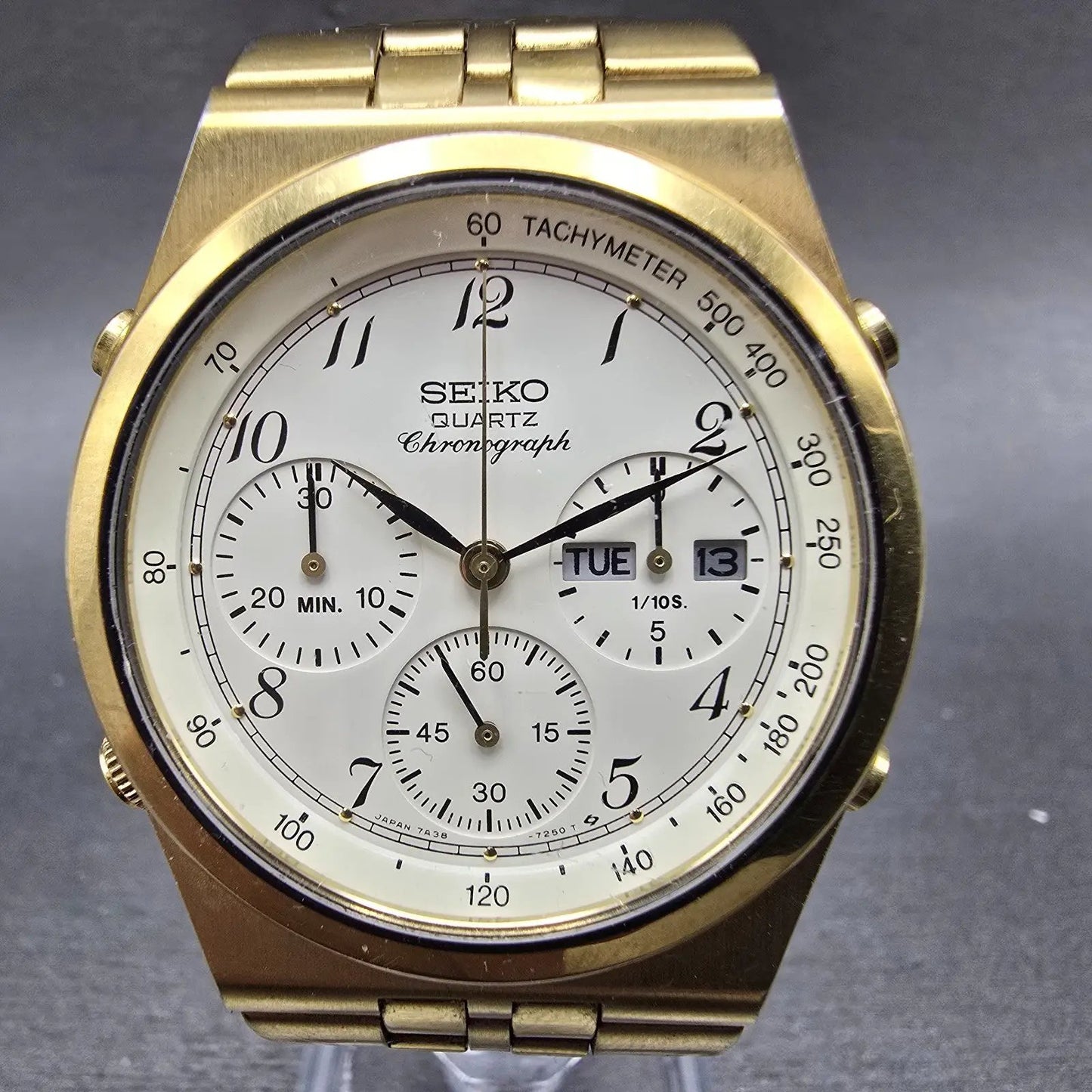 Seiko Chronograph Watch Men 38mm Cream Dial Gold Tone Daydate READ!! New Battery0