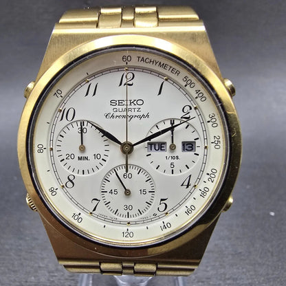 Seiko Chronograph Watch Men 38mm Cream Dial Gold Tone Daydate READ!! New Battery0