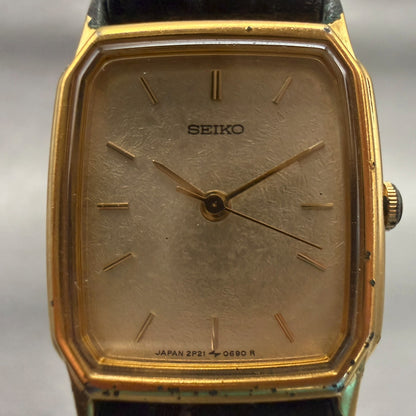 Seiko Watch Women 17mm Champagne Dial Gold Tone Rectangle 2P21-5220 New Battery1