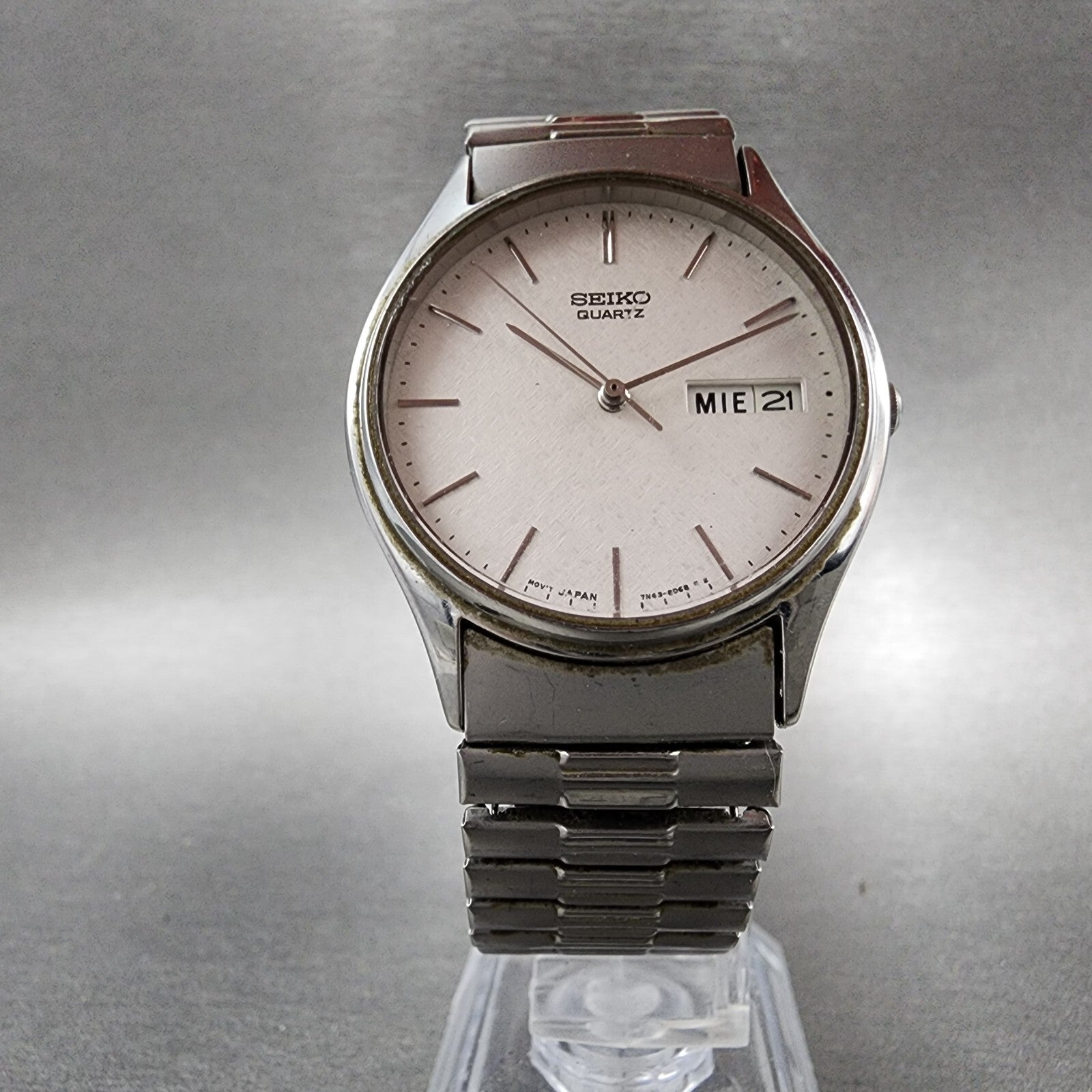 Seiko Watch Men 34mm White Dial Silver Tone Daydate 7n438a89 New Battery5