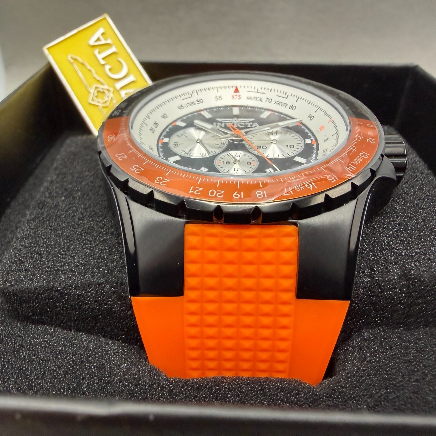 Invicta Aviator GMT Watch Men 50mm Black Dial Black Orange Daydate Round 370312