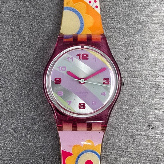 Swatch Summer Day Watch Women 25mm Silver Dial Pink Case LV106 New Battery0