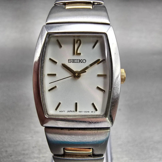 Seiko Watch Women 19mm White Dial Silver Tone Rectangle 1N01-0DA0 New Battery0