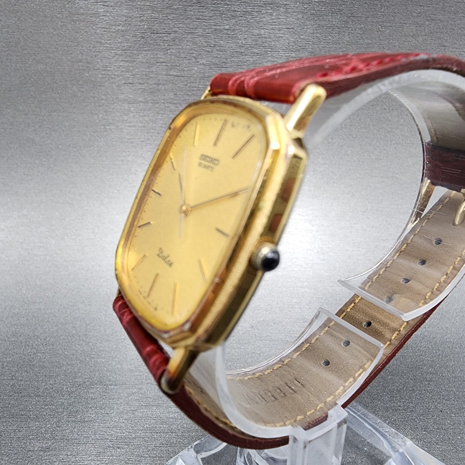 Seiko Dolce Watch Men 28mm Gold Dial Gold Tone Rectangle 95215120 New Battery2