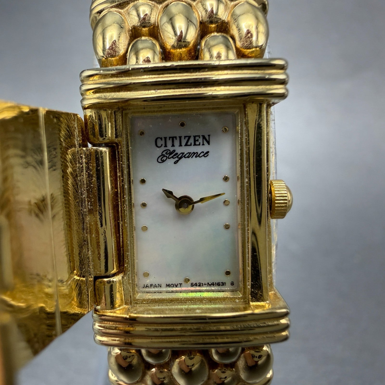 Citizen Elegance Tank Watch Women 14mm MOP Dial Gold Tone Flip Cover NewBattery91