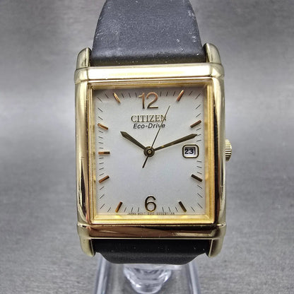 Citizen Eco-Drive Tank Watch Men 25mm Silver Dial Gold Tone Rectangle Date RunsK0