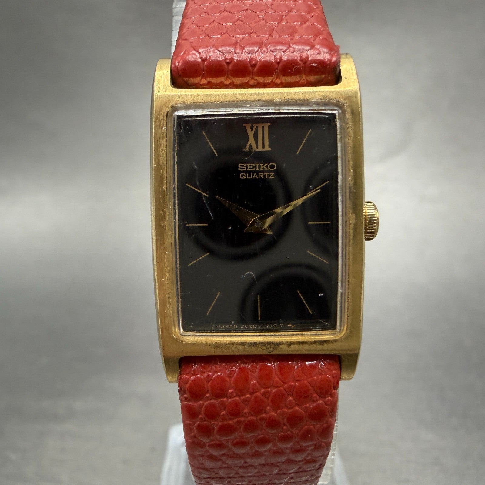 Seiko Tank Watch Women 17mm Black Dial Gold Tone Rectangle 2C20-5830 New Batt GT0