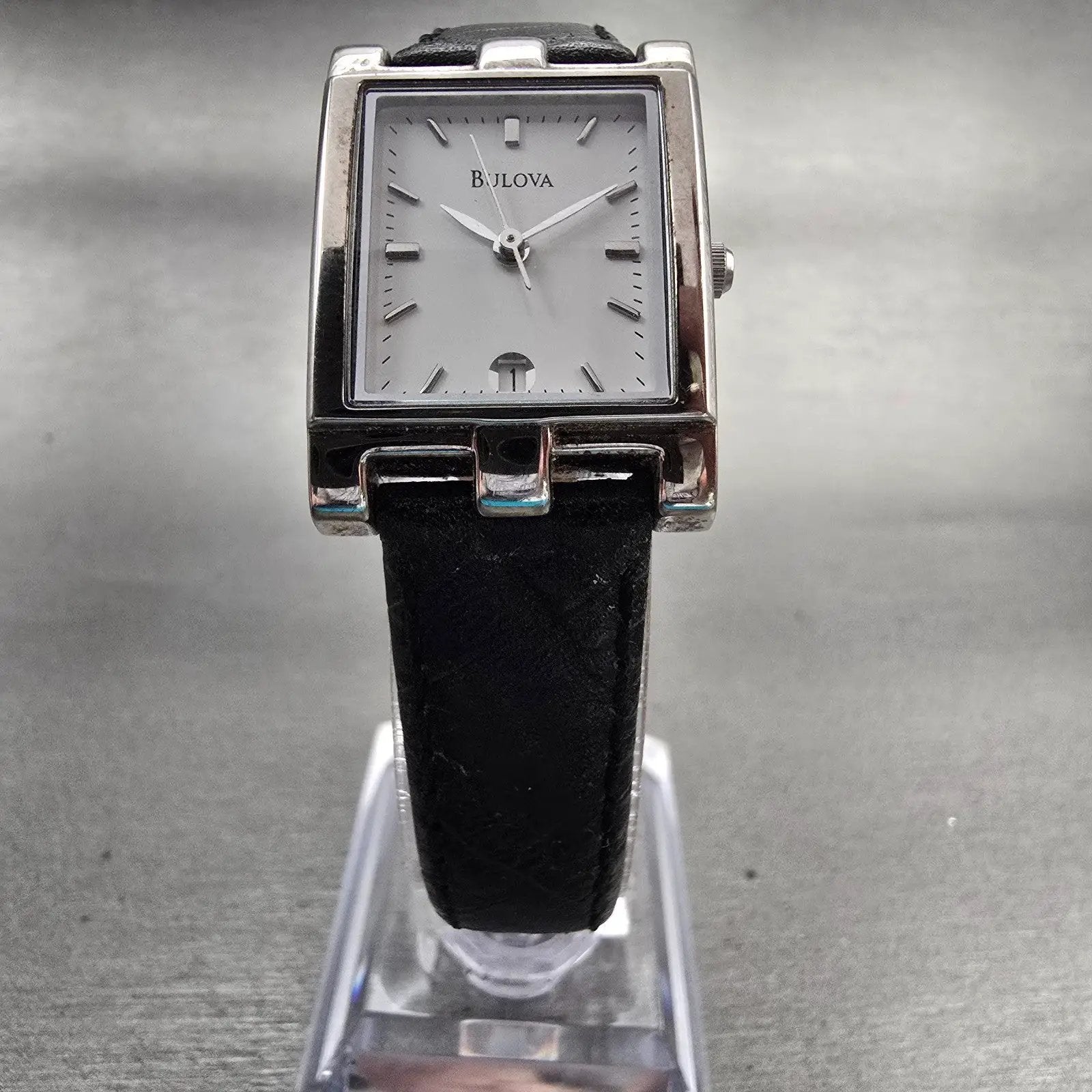 Bulova Watch Women 20mm White Dial Silver Tone Date Rectangle 96M19 New Battery5