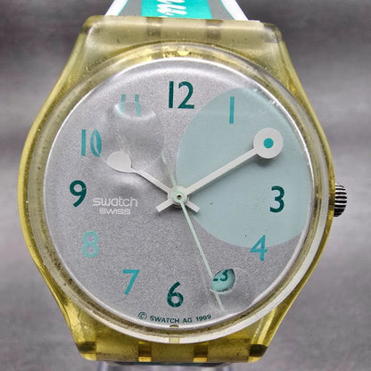 Swatch Rägetropfe Mens Watch 34mm Silver Dial Clear Case GG405 New Battery VTG1