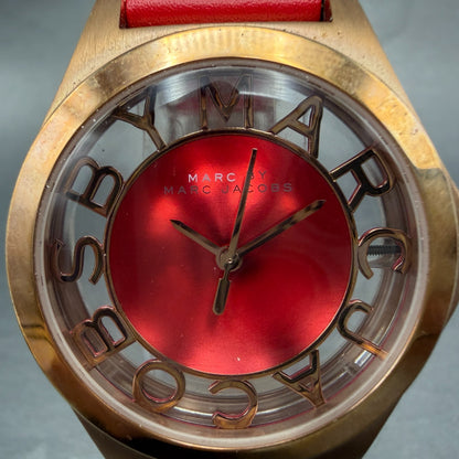 Marc Jacobs Henry Skeleton watch Women 35mm Red Dial Rose Gold Tone New Battery1