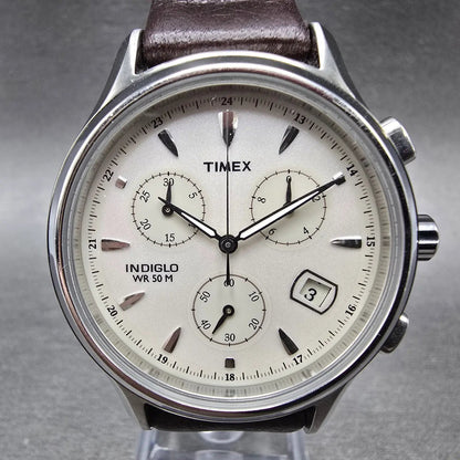 Timex Chronograph Watch Men 38mm White Dial Silver Date TW2R88200 New Battery0