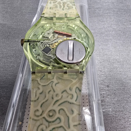 Swatch Tai Sun Watch Men 34mm Silver Dial Green Case GG133 New Battery NOS13